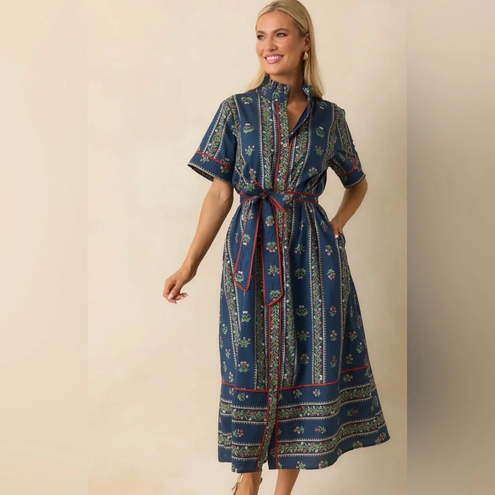 NWT- Entro navy multi floral print cotton maxi shirt dress size M - Picture 3 of 8